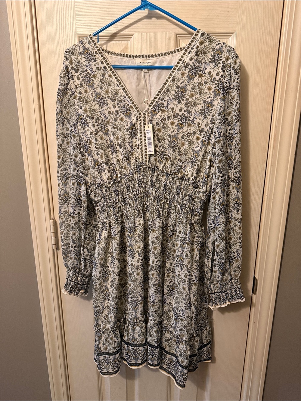 Max Studio Cream Floral Midi Dress with Blue and Olive Print